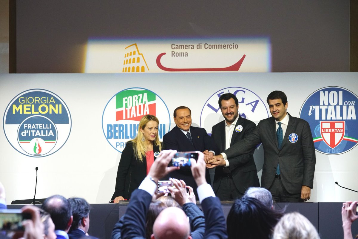 berlusconi's tweet photo. L'unico polo che può garantire la maggioranza e un Governo è il centrodestra, siamo noi quattro eroi. Garantiremo all'Italia un futuro di democrazia e libertà, un futuro di benessere. #ForzaItalia #unitisivince #centrodestra https://t.co/WFSf2lpyXV