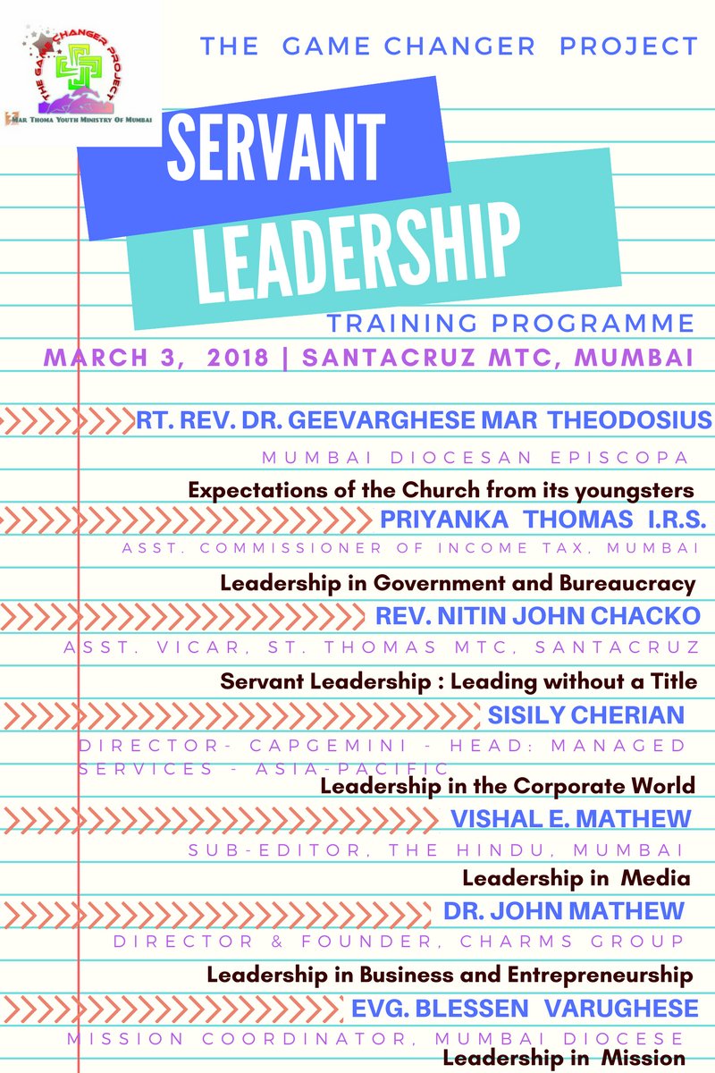 YouthChaplain's tweet photo. List of speakers for the Servant Leadership Training Programme for the Mar Thoma youth of Mumbai region!
#servantleadership #youthministry #marthoma #gamechangerproject #Mumbai https://t.co/i6IqF2UlGZ