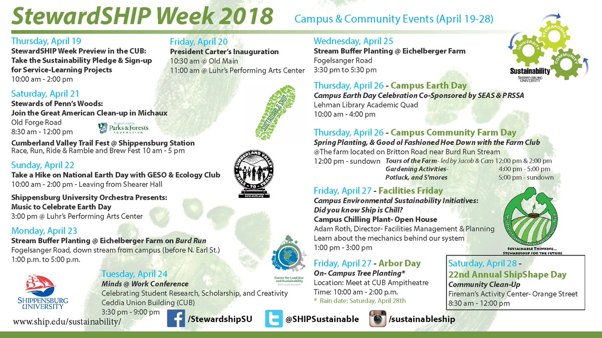 Join us for #StewardSHIP Week <a href="/shippensburgU/">Shippensburg University</a> from April 19-28, 2018. Check out the service projects, outdoor activities, and opportunities to learn about Sustainability!