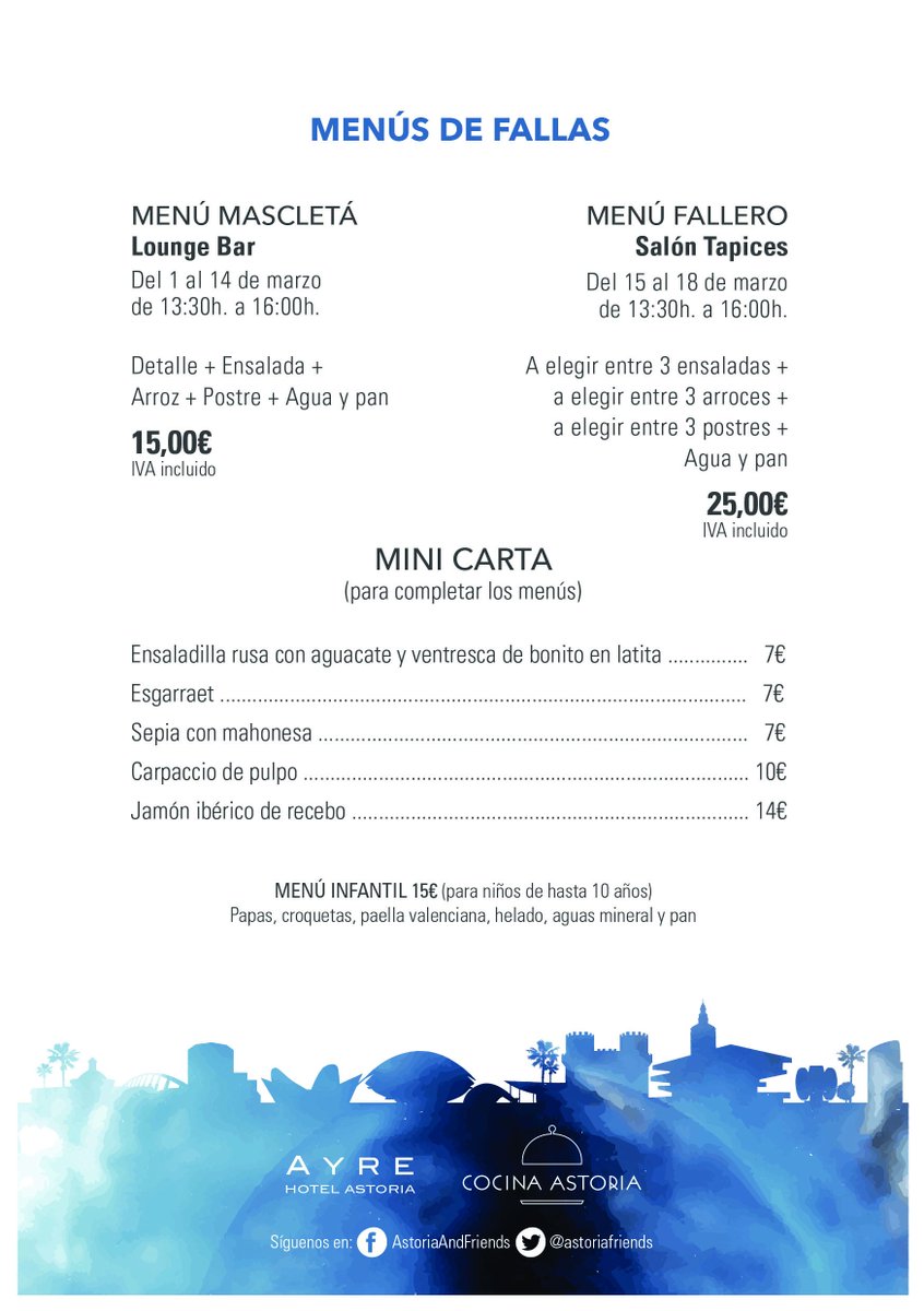 astoriafriends's tweet photo. Desde hoy hasta el 18 de marzo disfruta de nuestros distintos menús en el Lounge Bar de @astoriafriends Echa un vistazo 😉 #MenúMascletà #MenúFallero https://t.co/MF6velwjkM