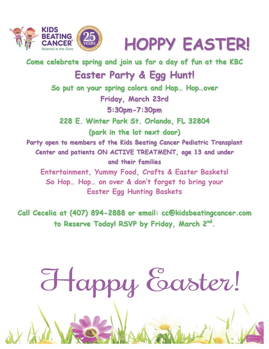 KidsBeatCancer's tweet photo. Tomorrow is the last day to RSVP to the Kids Beating Cancer Easter Party! Email: cc@kidsbeatingcancer.com for an RSVP form. #kidsbeatingcancer #curecancer #curechildhoodcancer #EasterParty #love #orlando #scienceisthecure https://t.co/Tfg1sqjebT