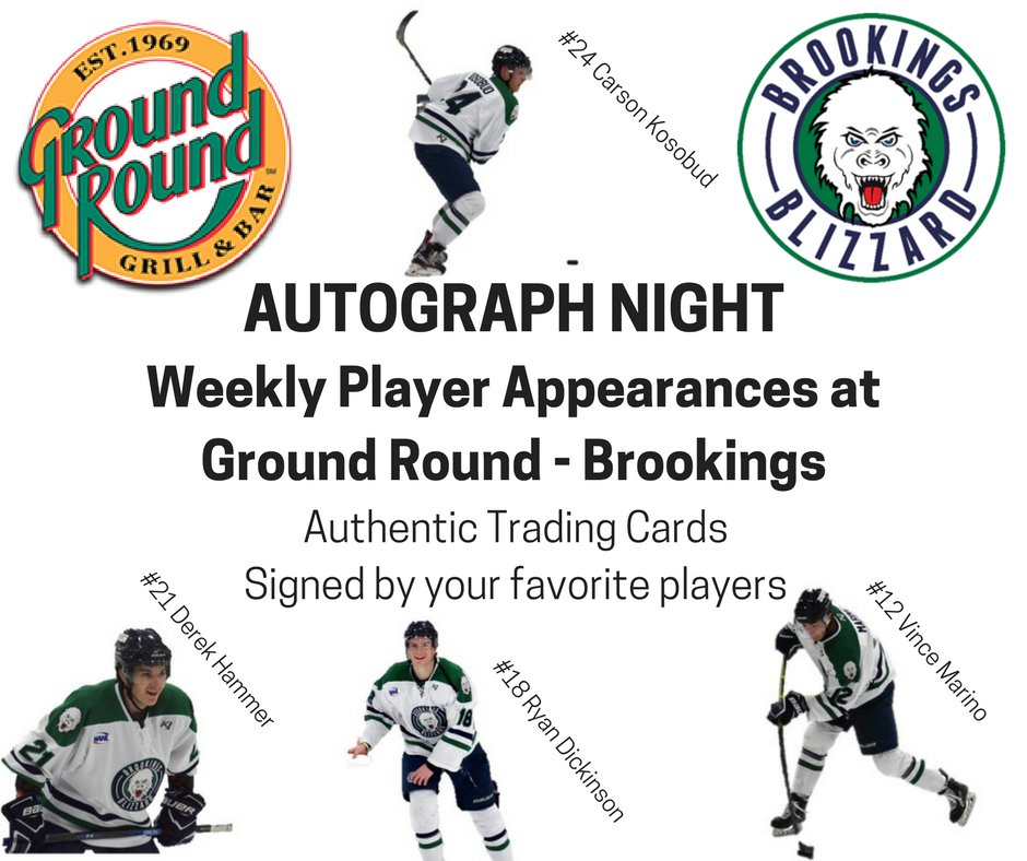 StCloudNorsemen's tweet photo. TONIGHT IS THE NIGHT! Meet us at Ground Round, located inside of Days Inn, at 7pm TONIGHT for our first Autograph night of the season! Come get your authentic trading cards signed by your favorite players! #BlizzardWarning https://t.co/pxCrlxL5xl