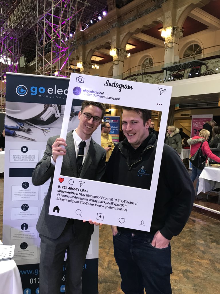 ukgoelectrical's tweet photo. Great to see our customers Brett & Gavin from @BGElectrical enjoying a #goselfie at the @StayBlackpool expo this morning! #goelectrical #electricalwholesale #stayblackpool #electricalcontractors https://t.co/Xq22Jwh2E5