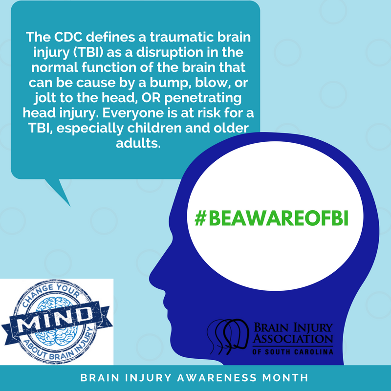 Today is the first day of Brain Injury Awareness Month!! Do you know what a brain injury is?

#beawareofbi #changeyourmind #biamonth #biaofsc