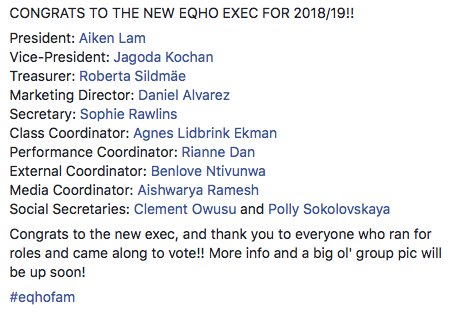 WE ARE SO EXCITED TO ANNOUNCE OUR NEW EQHO EXEC FOR 2018-19😍😎😍