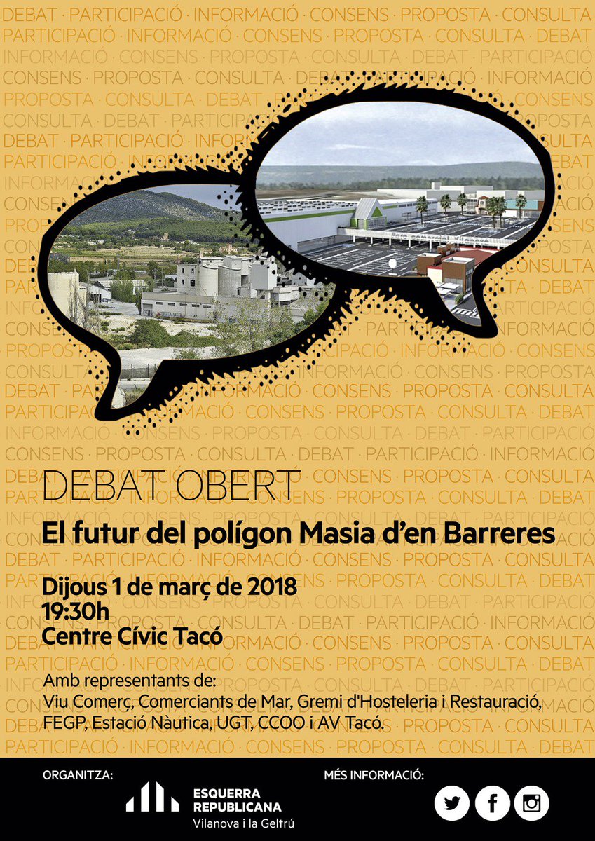 jmedinaalsina's tweet photo. Recordeu que avui dijous a les 19.30h al Centre Cívic del Tacó fem un debat obert per escoltar i intercanviar opinions sobre el projecte comercial de Masia d'en Barreres de Vilanova i la Geltrú. Us hi esperem! #cosesdevng #plevng #novavila https://t.co/IM7fYaPubP