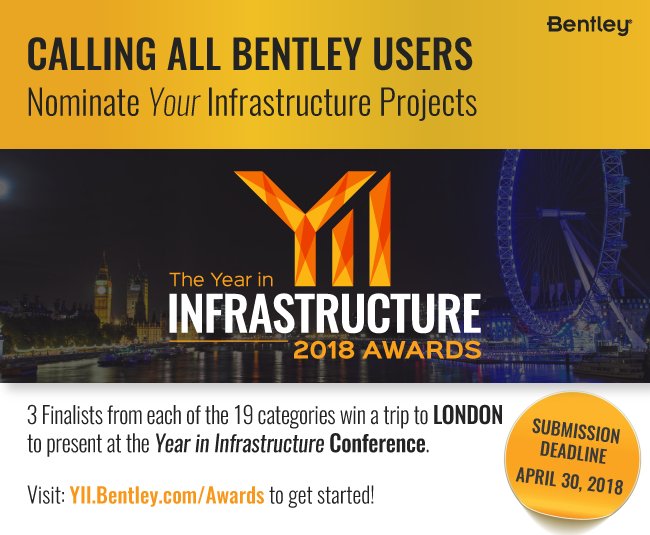 BentleySystems's tweet photo. It's finally that time again - submissions are officially OPEN for the Year in Infrastructure 2018 Awards! https://t.co/CC2uYy89sw #YII2018 https://t.co/NHp3mYNups