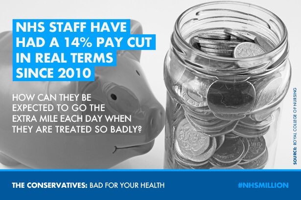On a day like today it’s worth remembering that NHS staff were already coping with 10% fewer colleagues, working 8 hours unpaid every week, and have had a 14% pay cut in real terms since 2010.

Please RT if you agree they deserve a lot better.

#ThankYouNHS