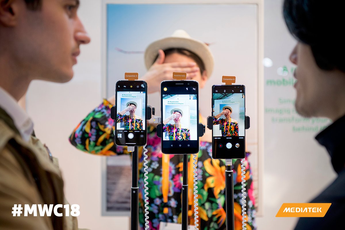 MediaTek's tweet image. Check out the MediaTek Helio P60 with AI Facial Detection Engine on demo from #MWC18. The APU-accelerated FD engine intelligently detects faces, despite challenging settings &amp;amp; intuitively applies enhancements &amp;amp; improves  performance and power efficiency. #facialdetection
