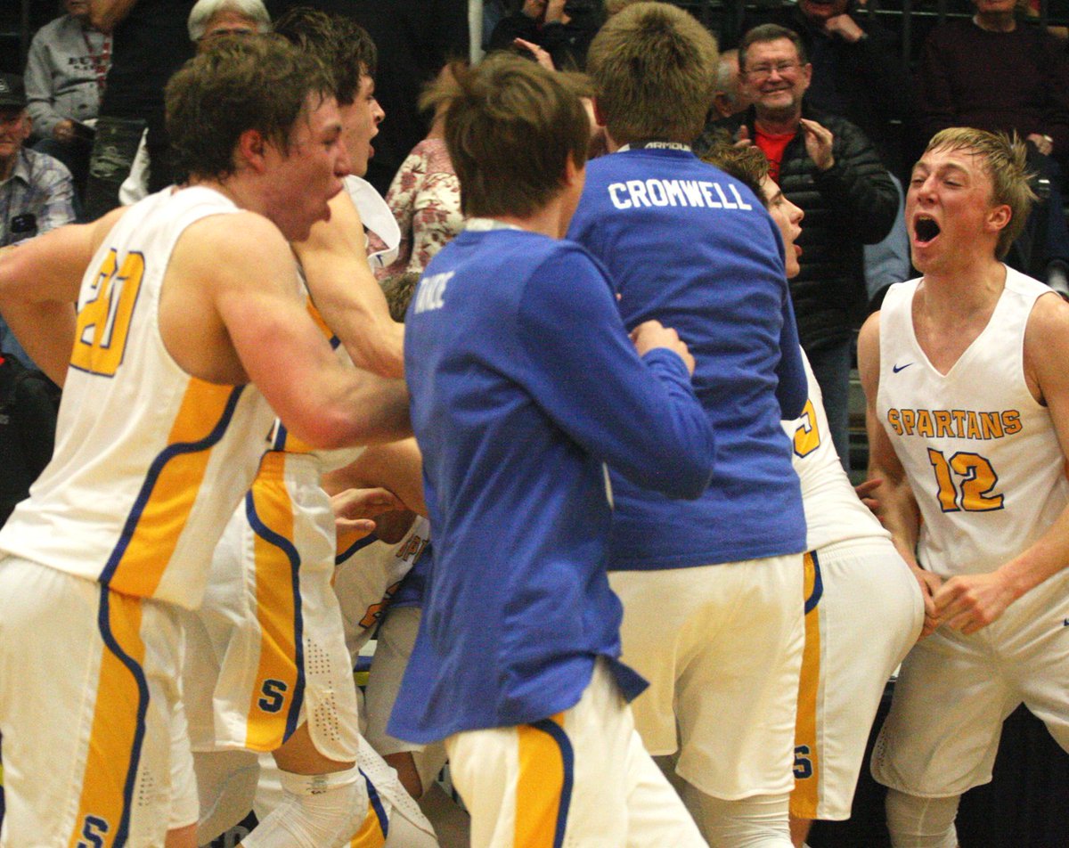 lukeshelton_mtn's tweet photo. Scobey Spartans celebrate their miracle of a last-second victory over Melstone in the first round of the Boys' Class C State Championship. #mtscores https://t.co/VtCsOrx4Ap