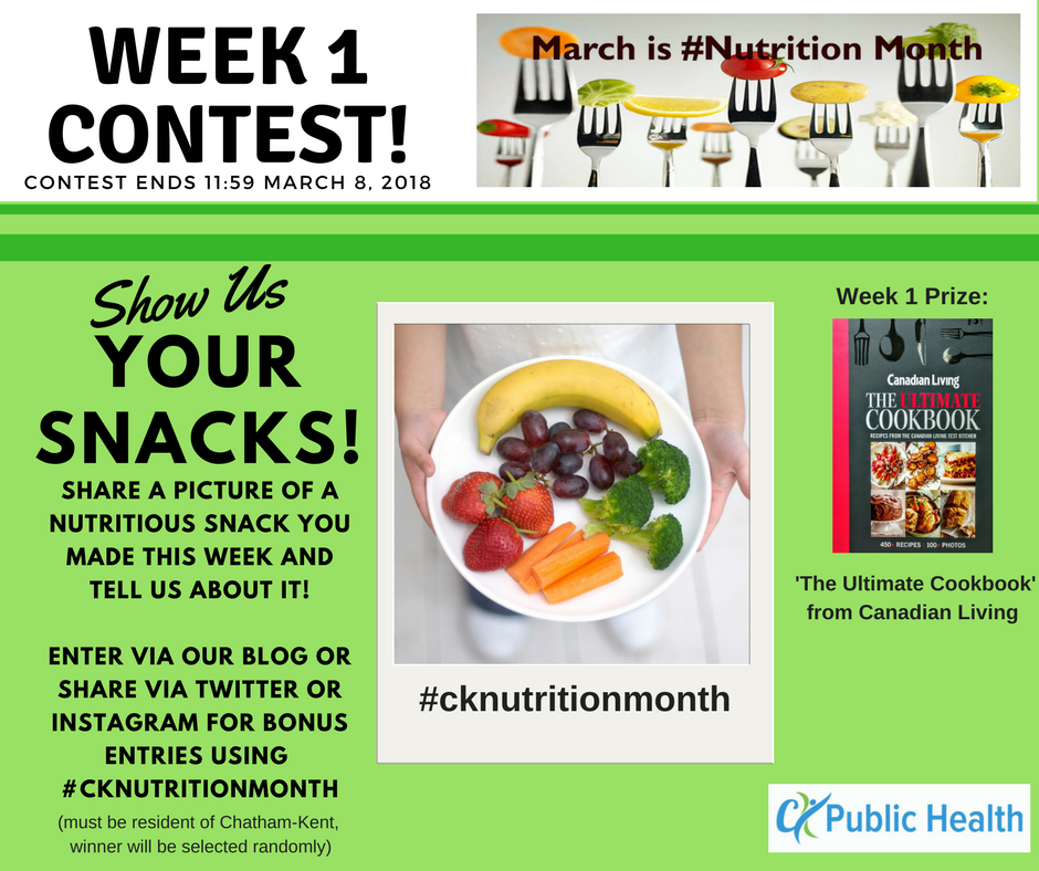 WEEK 1: #cknutritionmonth CONTEST 
"Show us Your Snacks!" Enter here: ckphu.com/2018/03/nutrio… 
(Week 1 entries are due by 11:59pm March 8, 2018)