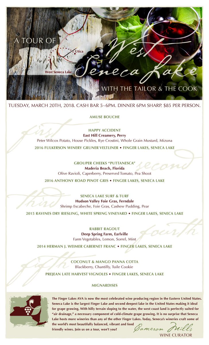 tailorandcook's tweet photo. WINES OF WEST SENECA LAKE: a wine pairing dinner on 3/20 at 6pm. Portion of the proceeds got to @AmericanCancer! Call https://t.co/pmLEYiyaOp to book! This will sell out fast! https://t.co/F4j9LcUV0I