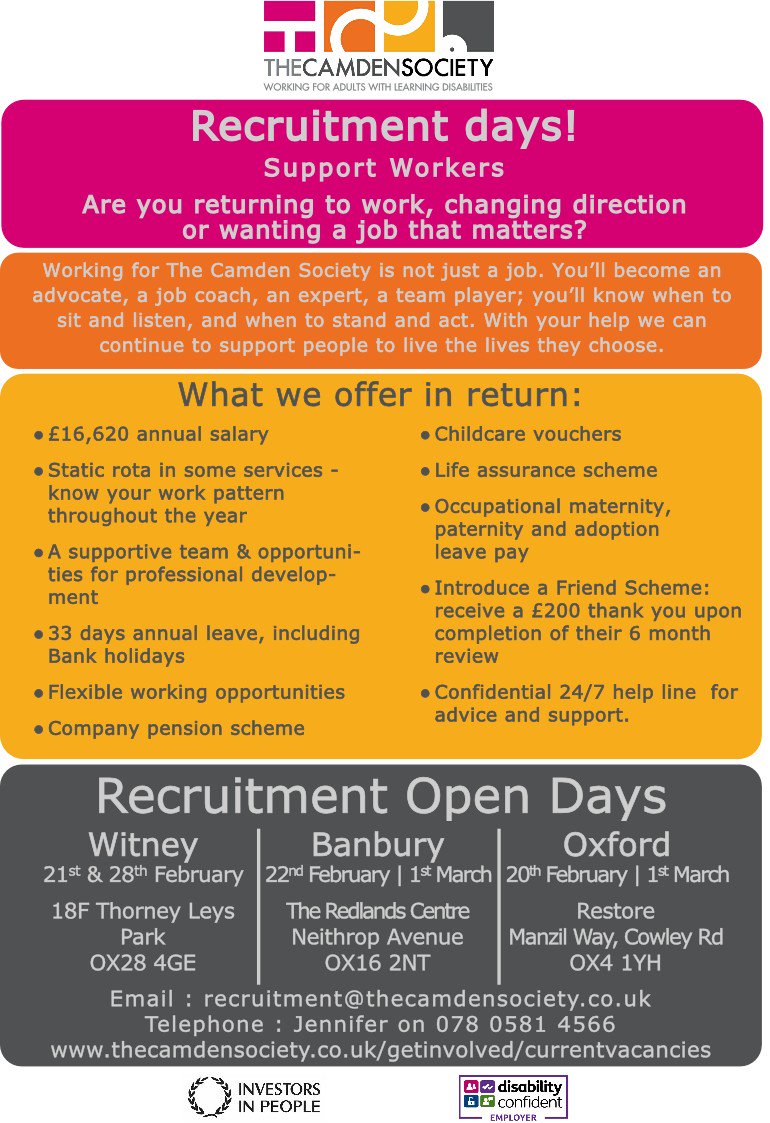 unityworks_'s tweet photo. Today we are holing #recruitment #OpenDays at both our #Oxford and #Banbury sites, call in to chat with a friendly team about what it takes to become a #SupportWorker for people with a #LearningDiability  working with The Camden Society in #Oxfordshire  #charity #jobs #LD https://t.co/bEk5xs3ZPr