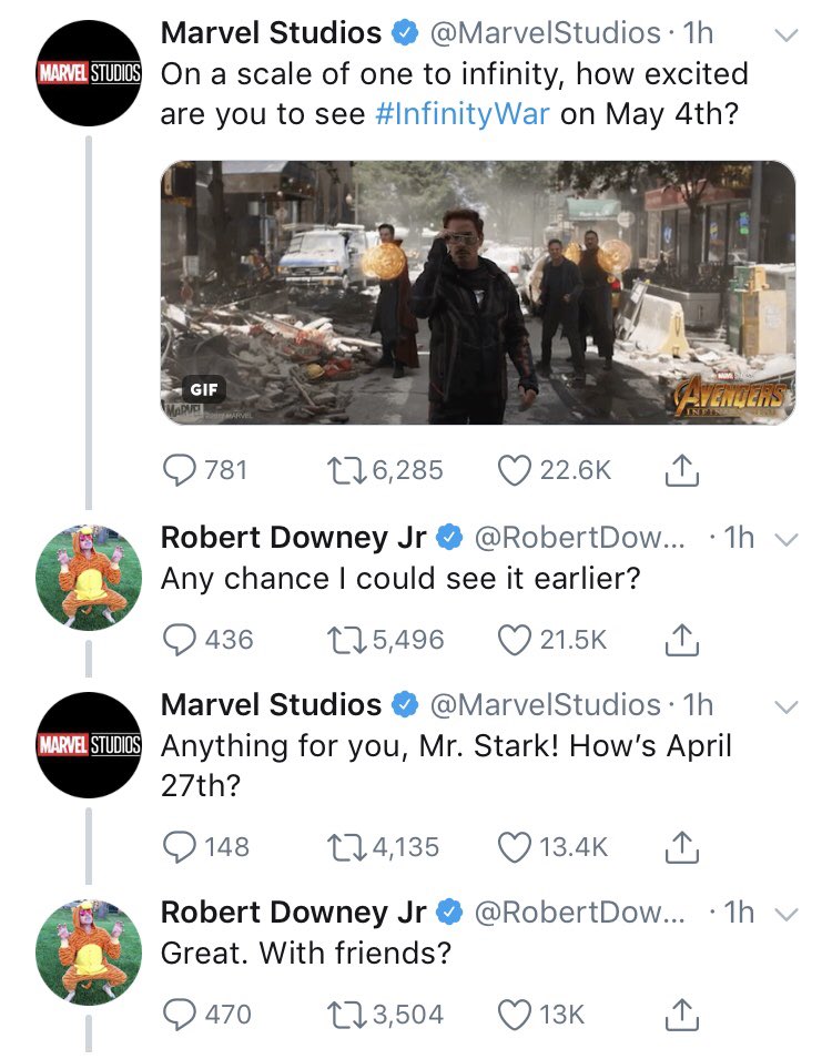 iamgeekingout's tweet photo. marvel studios announcing the WORLDWIDE release of avengers infinity war like a boss! 🙌🏼 https://t.co/LtXJZZWjQe