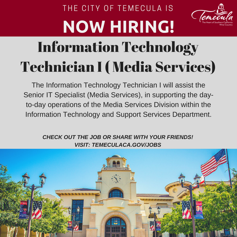cityoftemecula's tweet photo. We're hiring! Check out the job or share with your friends! Visit https://t.co/oe93pXJTLH for full details. #temeculajobs #cityoftemecula #hiring #ITTechI @CSUSM @MSJCedu https://t.co/ZVWW88goEi