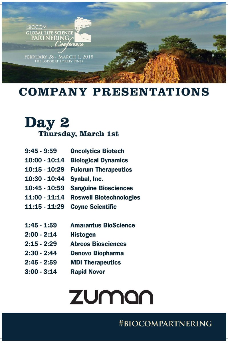 Don’t miss our last round of company presentations from <a href="/AmarantusBio/">Amarantus BioScience</a>, Histogen, <a href="/AbreosBio/">Abreos Biosciences</a>, Denovo Biopharma, MDI Therapeutics, and <a href="/rapidnovor/">Rapid Novor Inc</a>. The first session starts in 5 minutes! #BiocomPartnering