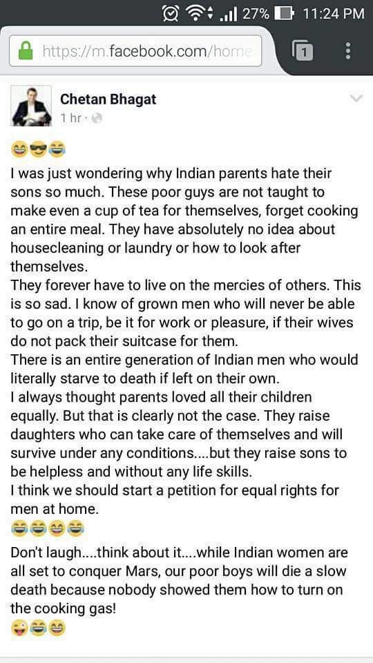 msourabhkatiyar's tweet photo. Now a days mother don’t teach daughter how to cook and take care of family
She only teaches how to control husband how to file false cases 498a etc
& Chetan ji I am the man who have cooked for my wife and for parents also
@chetan_bhagat @498anlr #FalseCases #498A #not4men https://t.co/Ir6VN68lx3