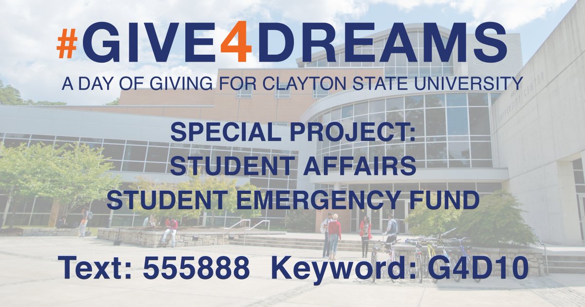 ClaytonState's tweet photo. Tune in now for the #Give4Dreams segment on Student Affairs! Hear about The Student Emergency Fund and how gifts provide loans for temporary accommodations, food, medicine, transportation, and health care so students can continue to persist in school. https://t.co/klWNgNiSAd https://t.co/YUbcFZbkEv