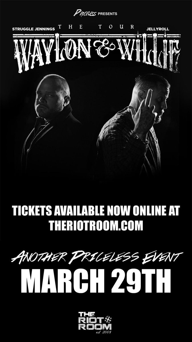 PricelessEntLLC's tweet photo. Less than a month out!! @JellyRoll615 &amp; @youngstrugg will be live @riotroom for their #waylonandwillietour Tickets are moving fast!! Grab them NOW while you can!! This show is guaranteed to be #priceless https://t.co/taE6kRFL6H https://t.co/pbLassIpqM