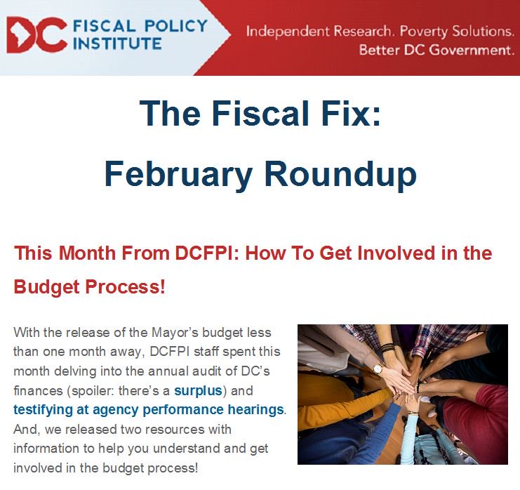 DCFPI's tweet image. Inside this month's #FiscalFix: unpacking DC's annual audit, testimony from agency performance hearings, tips for  understanding &amp;amp; getting involved in the budget process, and more! #ICYMI bit.ly/2FcdO7c