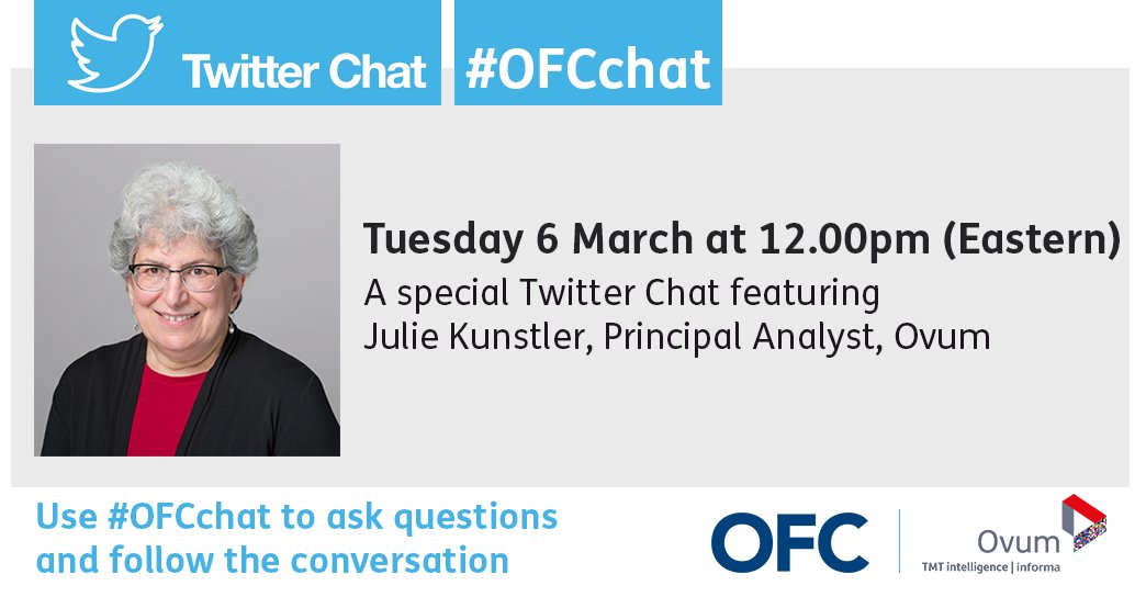 Ovum's tweet photo. What does @Ovum industry analyst @JulieOvum think is going to be hot at #OFC18? Ask her during the #OFCchat on 6 March at 12:00pm ET @ofcconference https://t.co/oVIPweqWh0