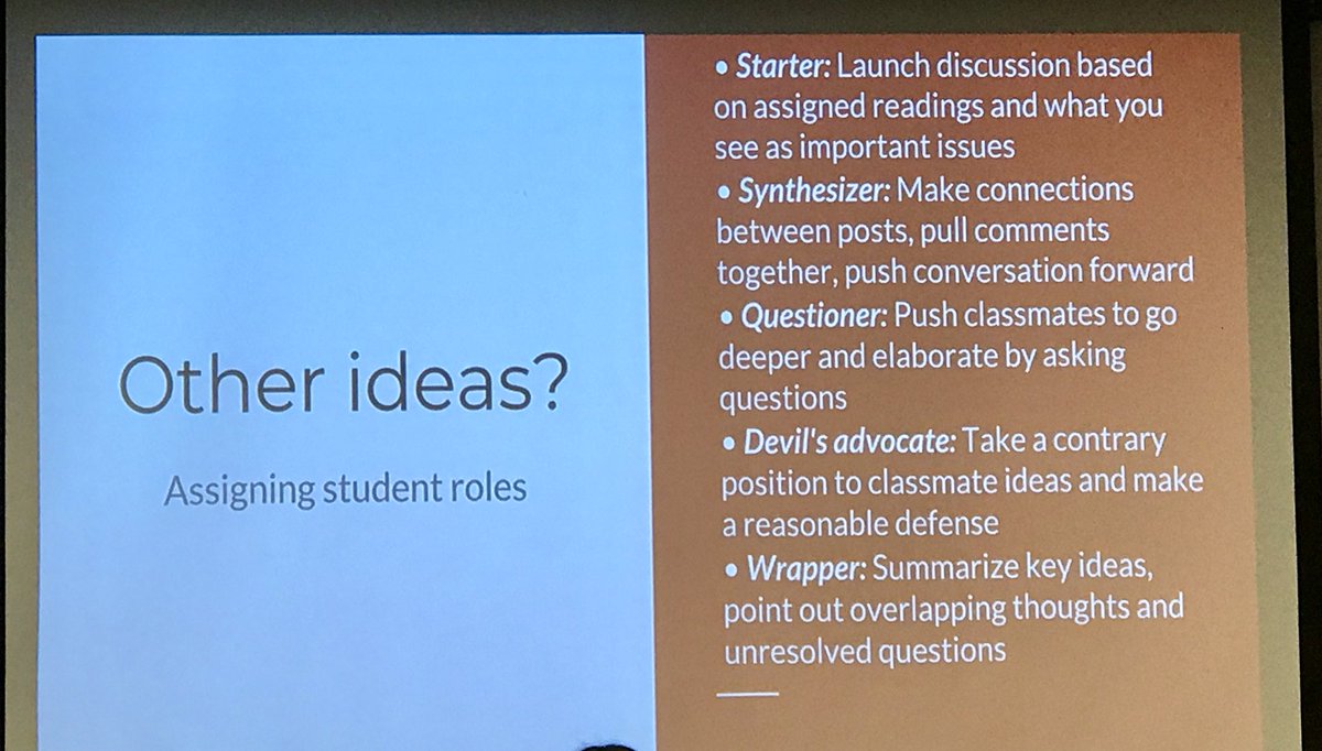 jnathanbullock's tweet photo. Consider assigning roles to students, possibly rotating weekly, to help move online discussion boards along. #RUCeLearn18 https://t.co/PklXRHeVDJ