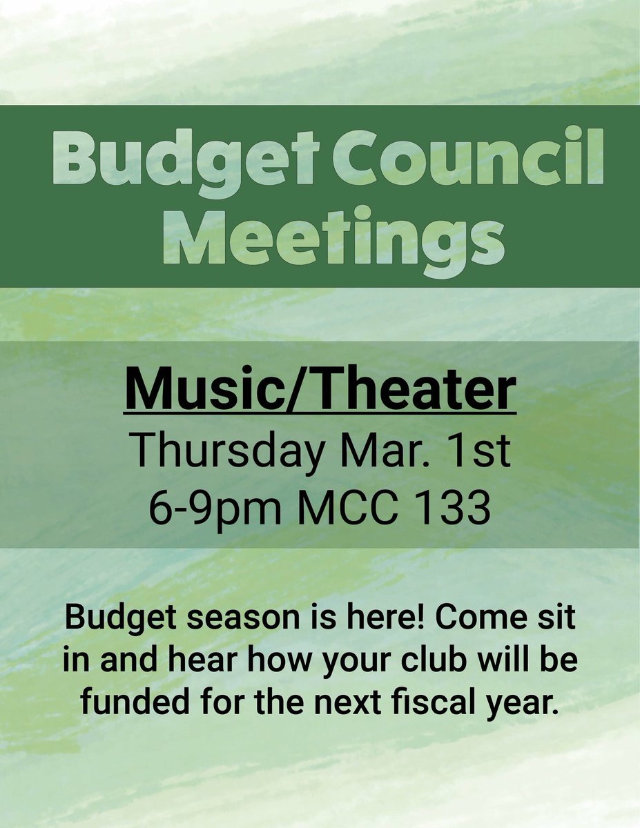 OzSenate's tweet photo. TODAY: SA budget council meets in MCC 133 at 6pm to discuss Music and Theater budgets for next year! https://t.co/6eMmfTNavw