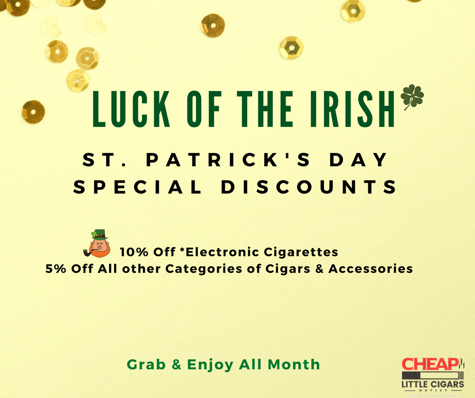 CheapLCOutlet's tweet photo. LUCK OF THE IRISH SAVINGS All Month Long!
10% Discount *ELECTRONIC CIGARETTES

5% discount on:
* #FILTEREDCIGARS
* LITTLE CIGARS
* MACHINE MADE CIGARS
* CIGAR WRAPS
* TOBACCO ACCESSORIES

Order online or call us Toll-Free 1 (833) 481-6744
https://t.co/cebuFXNsYa 
---- https://t.co/3j6g7nHlFh