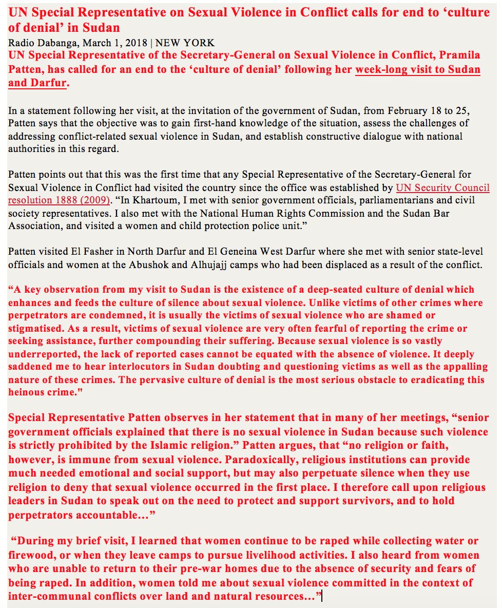 sudanreeves's tweet photo. A truly extraordinary pronouncement on rape/sexual violence in #Darfur from UN Special Rep. of the Secretary-General on Sexual Violence in Conflict, Pramila Patten: https://t.co/K3OqvTab0c   More revealing honesty in this statement than the UN or #AU have provided in many years: https://t.co/HEgiJdNNa3