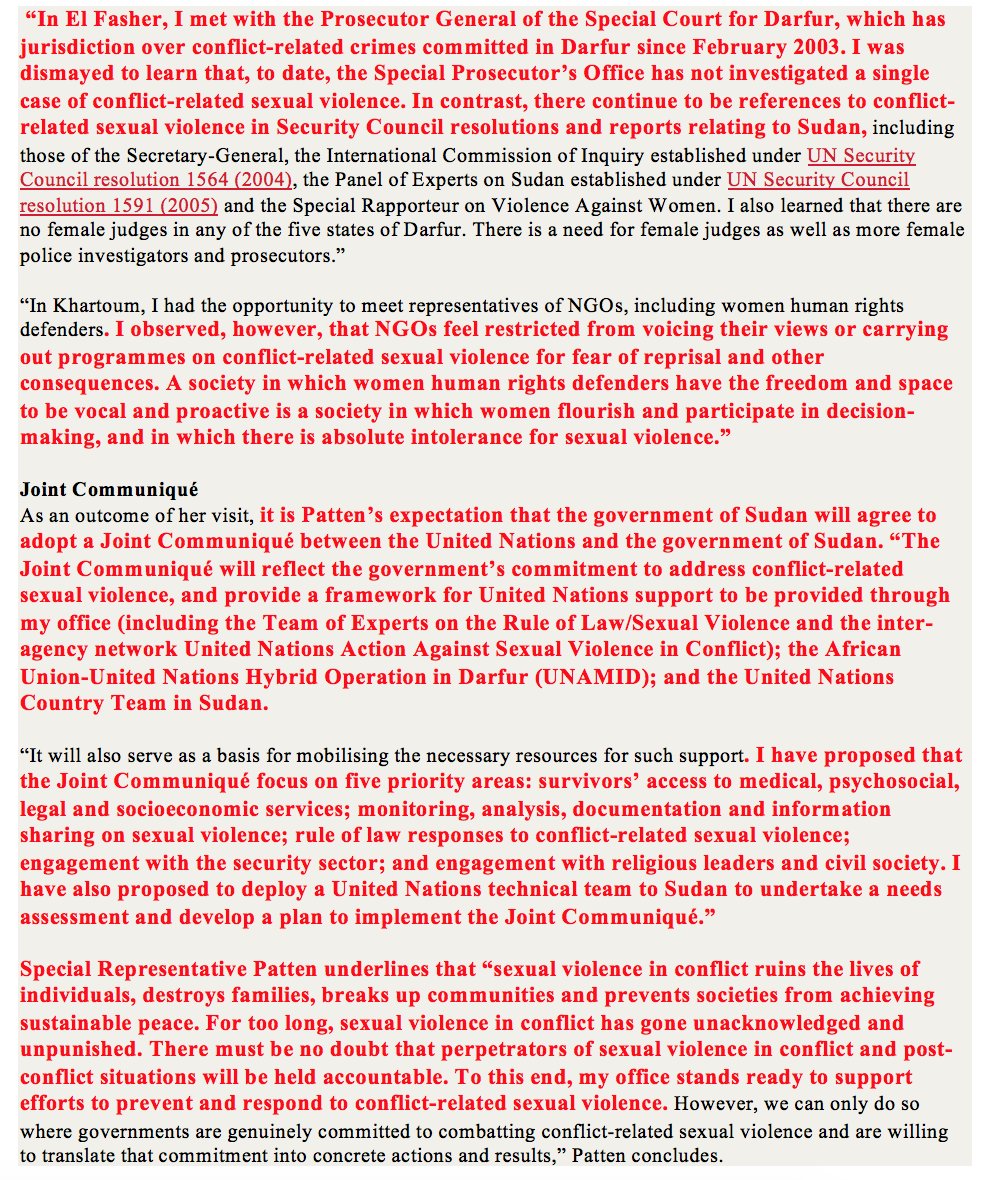 sudanreeves's tweet photo. A truly extraordinary pronouncement on rape/sexual violence in #Darfur from UN Special Rep. of the Secretary-General on Sexual Violence in Conflict, Pramila Patten: https://t.co/K3OqvTab0c   More revealing honesty in this statement than the UN or #AU have provided in many years: https://t.co/HEgiJdNNa3