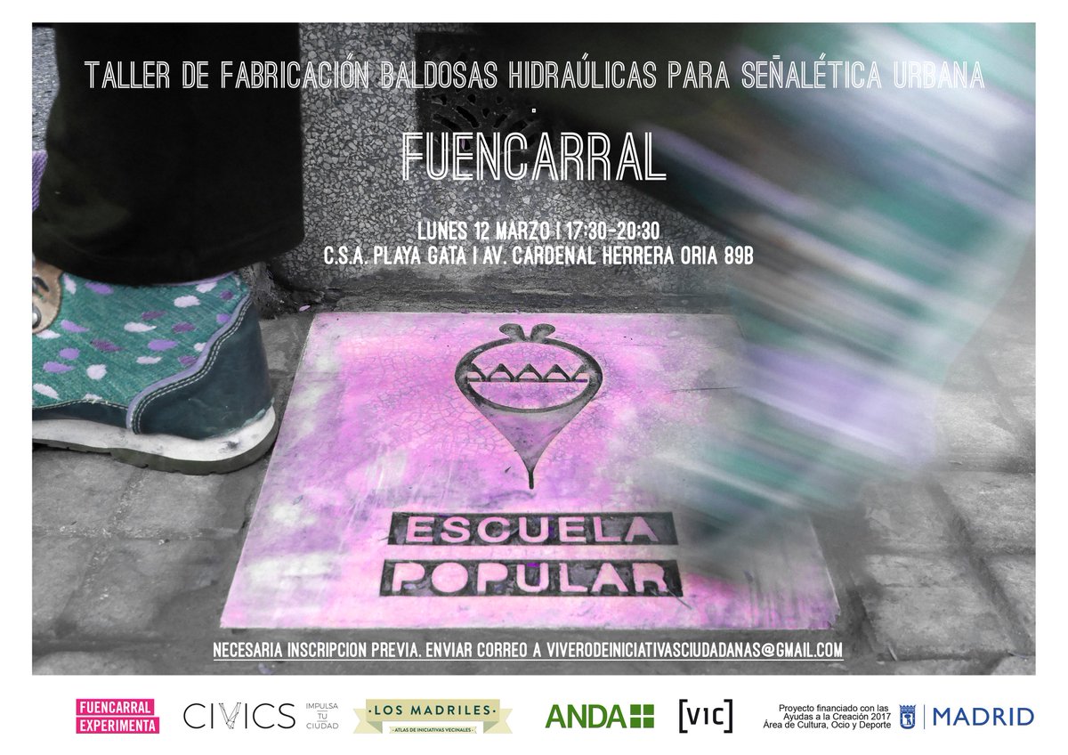 mapacivics's tweet photo. 📢 Apuntate al taller de #fabricación #baldosashidráulicas en relieve para señalética urbana #InnovaciónCiudadana con iconografía 📍 #mapacivics #losmadriles @ExpDistrito 🔗https://t.co/5tRdXIDbLq 🗓️Lunes 12 de Marzo en @csaplayagata @JMDFuencarral #FuencarralExperimenta https://t.co/0qb5caKQkw