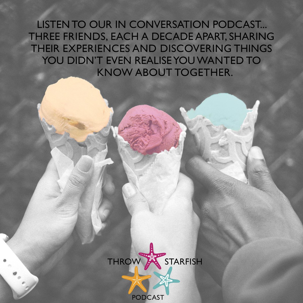 Listen to our ‘in conversation’ podcast…three friends, each a decade apart, sharing their experiences, interviewing fascinating people and discovering things together. You can #Listen to episodes of our #Podcast at throwstarfish.com <a href="/PennieRaven/">Pennie Raven</a> <a href="/JonnyDouglas/">Jonny Douglas - Designer, Curator, Compere</a> <a href="/RuthAmos/">Ruth Amos 💡</a>