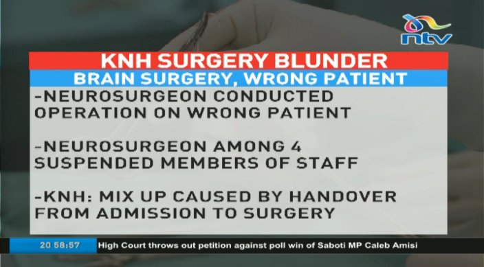 ntvkenya's tweet photo. Brain surgery, wrong patient:  KNH doctors perform brain surgery on the wrong patient #NTVTonight @MarkMasai @SmritiVidyarthi https://t.co/CGC6C6yIps