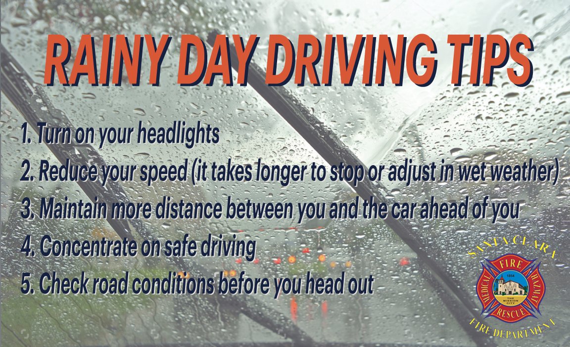SantaClaraFD's tweet photo. With rain comes slick roadways…@NWSBayArea Drive Safely & Stay Cautious of possible hazards. Some helpful driving tips at: https://t.co/NWr4yXena0 #cawx #castrom https://t.co/ihz0vgBxvW