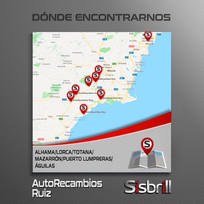 +de 7 puntos de venta por costas Alicantinas!! A partir de ahora podéis adquirir cualquiera de vuestros productos Sisbrill en Autorecambios Ruiz!! 
Os esperamos!!
sisbrill.com/Distribuidores
