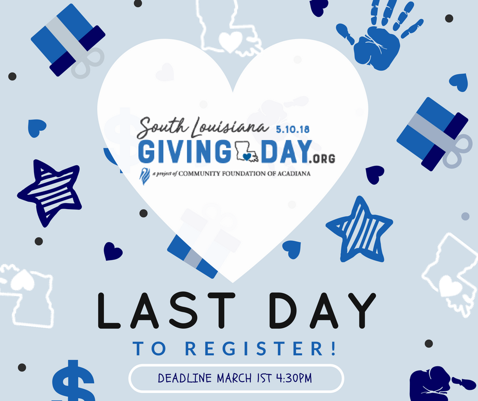 SOLAGivingDay's tweet photo. Today is the LAST DAY to register for South Louisiana Giving Day! All organizations that wish to participate must submit a registration form by 4:30PM.  To sign up please visit https://t.co/RyDe02dTjz #IGiveSOLA #SOLAGivingDay https://t.co/7iwqbaxSch