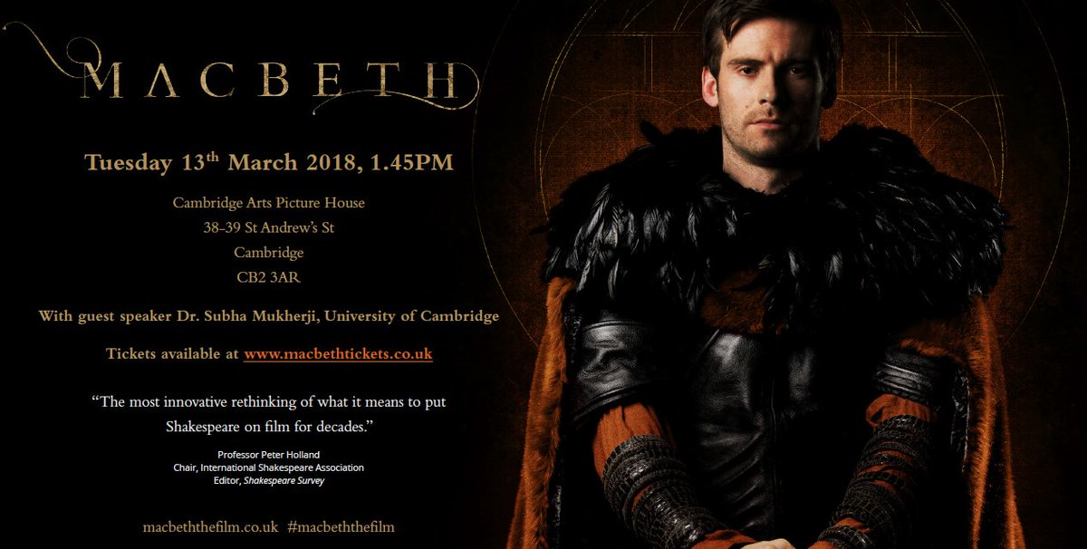 macbeth_thefilm's tweet photo. Dr. Subha Mukherji will be introducing #Macbeth @CamPicturehouse at 13.45 on Tuesday 13 March. This “radical new adaptation” is screening for *one night only*: book tickets at https://t.co/vDOy5yDjWk
@CRASSHlive @Cam_Renaissance #cambridge #shakespeare #shakespeareonscreen (2/8) https://t.co/elGVQ9LWsj