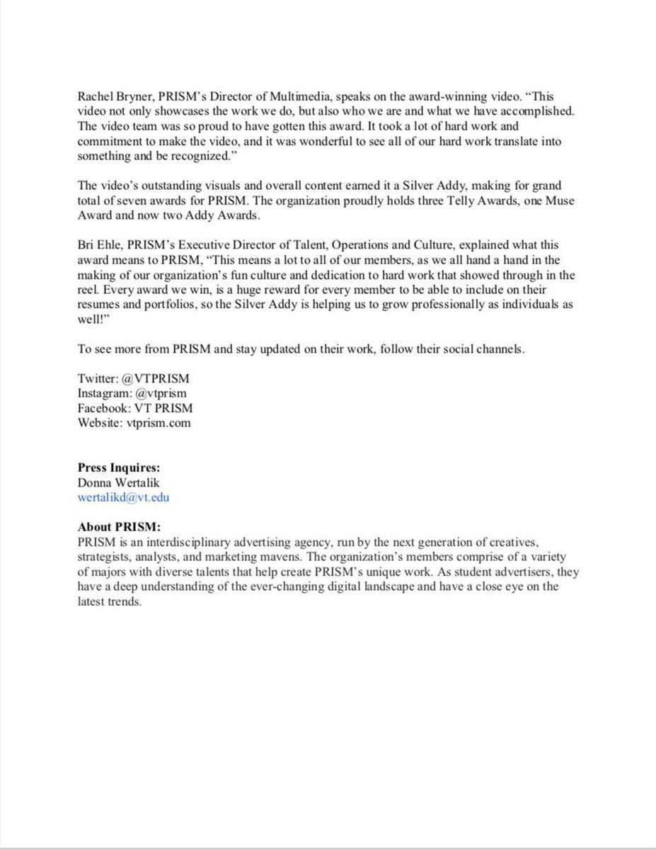 VTPRISM's tweet photo. As PRISMites, we strive for excellence. Each year we set higher standards for ourselves...this year that has won us a Silver Addy award! Check out our press release to see what some of our members have to say about PRISM's newest achievement, and details on our award. https://t.co/VZYxDr7kWH
