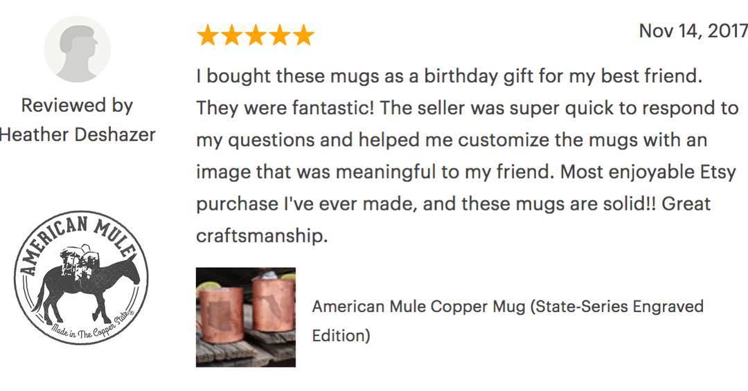 TheAmericanMule's tweet photo. This is why we do what we do. 500 stars total on Etsy is just around the corner! A brand with meaning @theamericanmule
#thelittlethings #etsyreview #5starproduct #birthdaygift #quality #madeintheusa #handmade #engravedcoppermug #coppermugs #americanmule #theamericanmule https://t.co/gpZvAzMhSV