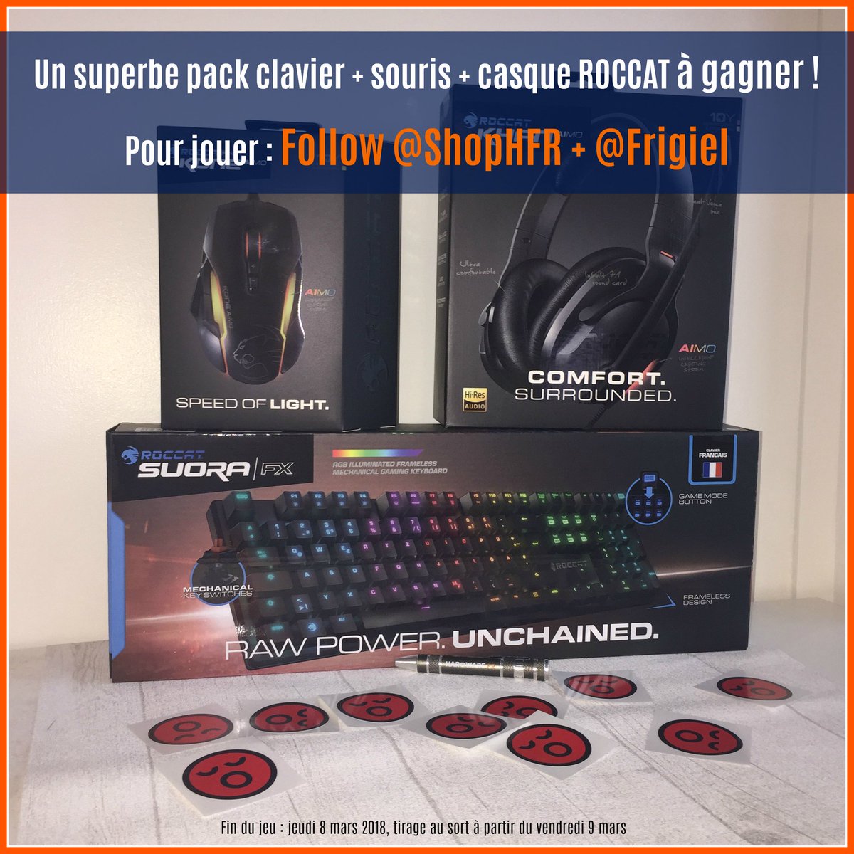 Frigiel's tweet image. Gagne un pack @ROCCATFrance de malade ! 😱

🎁 Casque Khan AIMO
🎁 Souris Kone AIMO
🎁 Clavier Suora FX

Pour jouer FOLLOW @ShopHFR et @Frigiel + RT ce tweet ! 

👉 Le pack à 323€ : bit.ly/RoccatHFRFrigi… … 
TAS vendredi 09/03 ! Bonne chance à tous  🍀