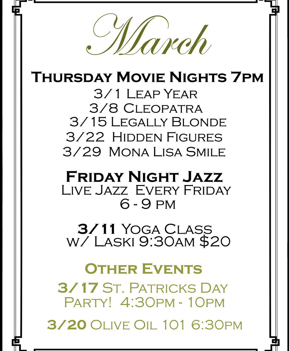 WeOlivePasadena's tweet photo. It is that time again! March should be yet another fun month! #yoga #movies #oliveoil #party #stpatricksday #womenshistorymonth https://t.co/mBzkr56vYT