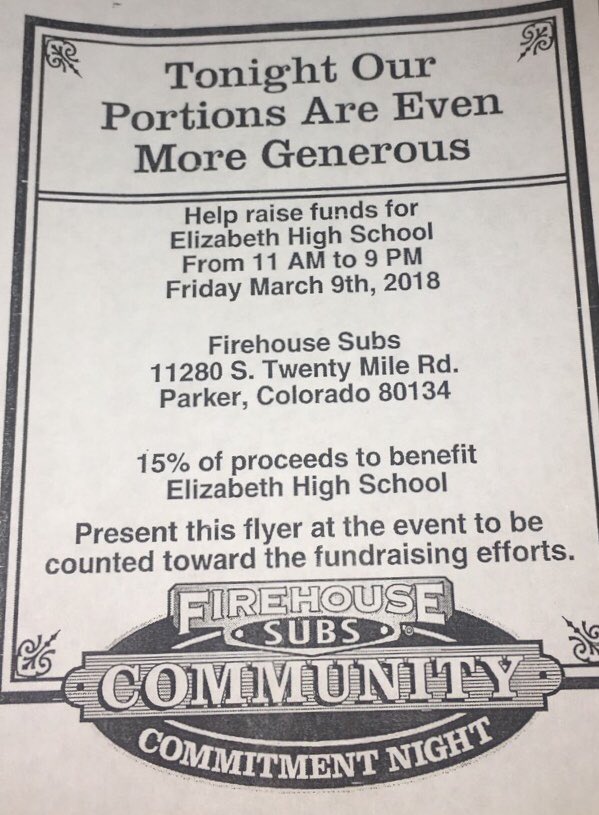 EHS_StuCo1's tweet photo. Don’t forget on March 9th go out to Fire House Subs to help fundraise for the senior class! Show them this flyer! The more you eat the cheaper Senior Luncheon and senior sneak are!!! https://t.co/7pi0TcRyK3