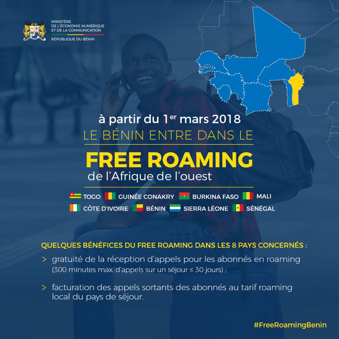 A compter de ce 1er mars 2018 notre pays rejoint les 8 pays d'Afrique de l'Ouest (Bénin,  Togo, Burkina Faso, Mali, Sénégal, Sierra Leone ,Guinée Conakry et Côte d’ ivoire)  dans la politique de #FreeRoaming aux abonnés des réseaux GSM .
#wasexo #BeninNumerique #FreeRoamingBenin