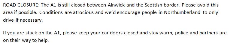 northumbriapol's tweet photo. ROAD CLOSURE: The A1 is still closed between Alnwick and the Scottish border. https://t.co/Hta1avMVbT