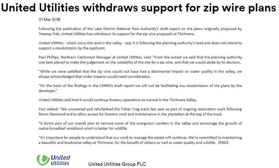 ZipOffThirlmere's tweet photo. BREAKING - No zip wires over #Thirlmere ever!!! @unitedutilities have made the decision not to support any resubmitted @TreetopTrekUK zip wire plans for Thirlmere. Statement below. #ZipOff 👍 Brilliant 😊 https://t.co/iHS9l5NZE3