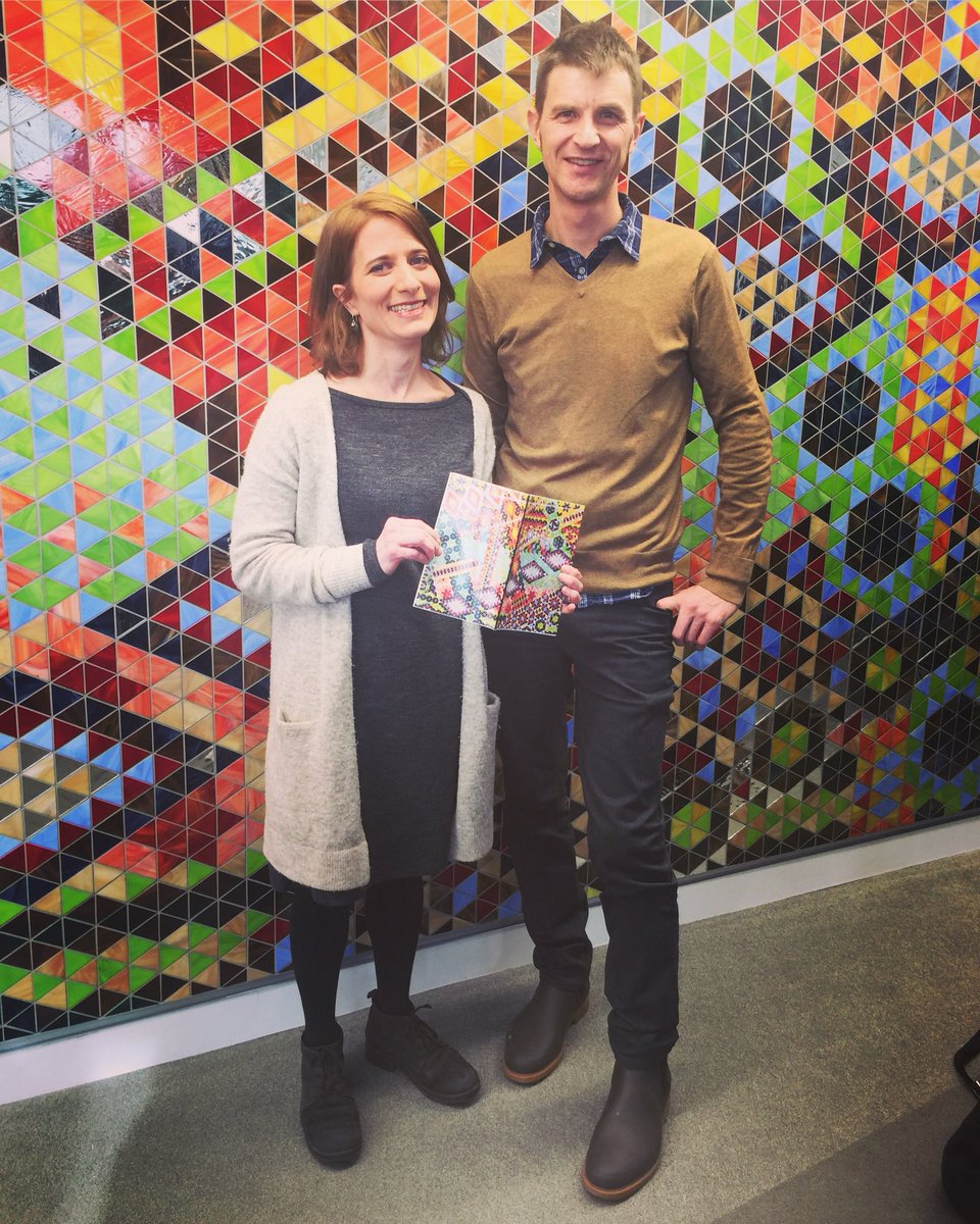 artsedmonton's tweet image. @spacemakeplace artists Rebecca Bayer &amp;amp; David Gregory at the @EPLdotCA grand opening for #CalderLibrary. The created the #yegpublicart Calder Community Mosaic for the facility and a book about the many patterns created by the community during their outreach process #yegarts