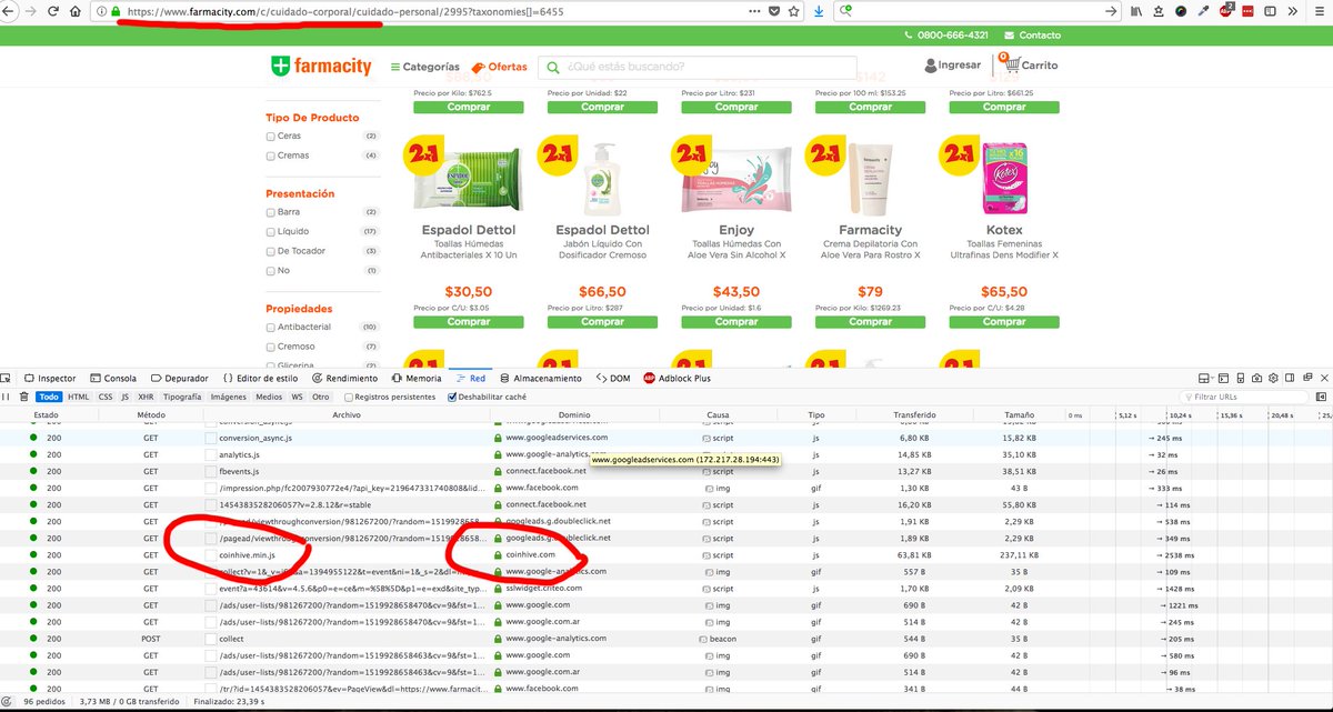 marcosavila's tweet photo. Bueno, la respuesta es fácil. @Farmacity usa un complemento p minar cryptomonedas utilizando los recursos d tu computadora durante todo el tiempo q vos estes visitando tu página. #Farmacity #Coinhive https://t.co/tAbkJlOkQC