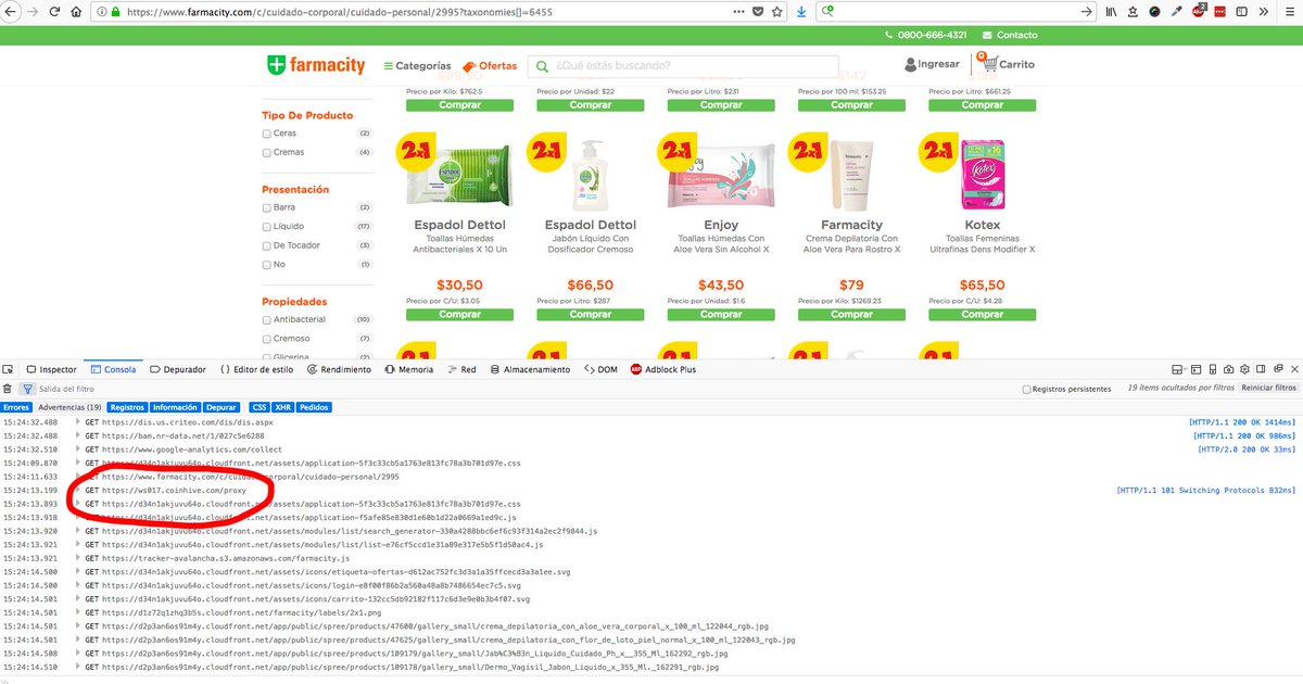 marcosavila's tweet photo. Bueno, la respuesta es fácil. @Farmacity usa un complemento p minar cryptomonedas utilizando los recursos d tu computadora durante todo el tiempo q vos estes visitando tu página. #Farmacity #Coinhive https://t.co/tAbkJlOkQC