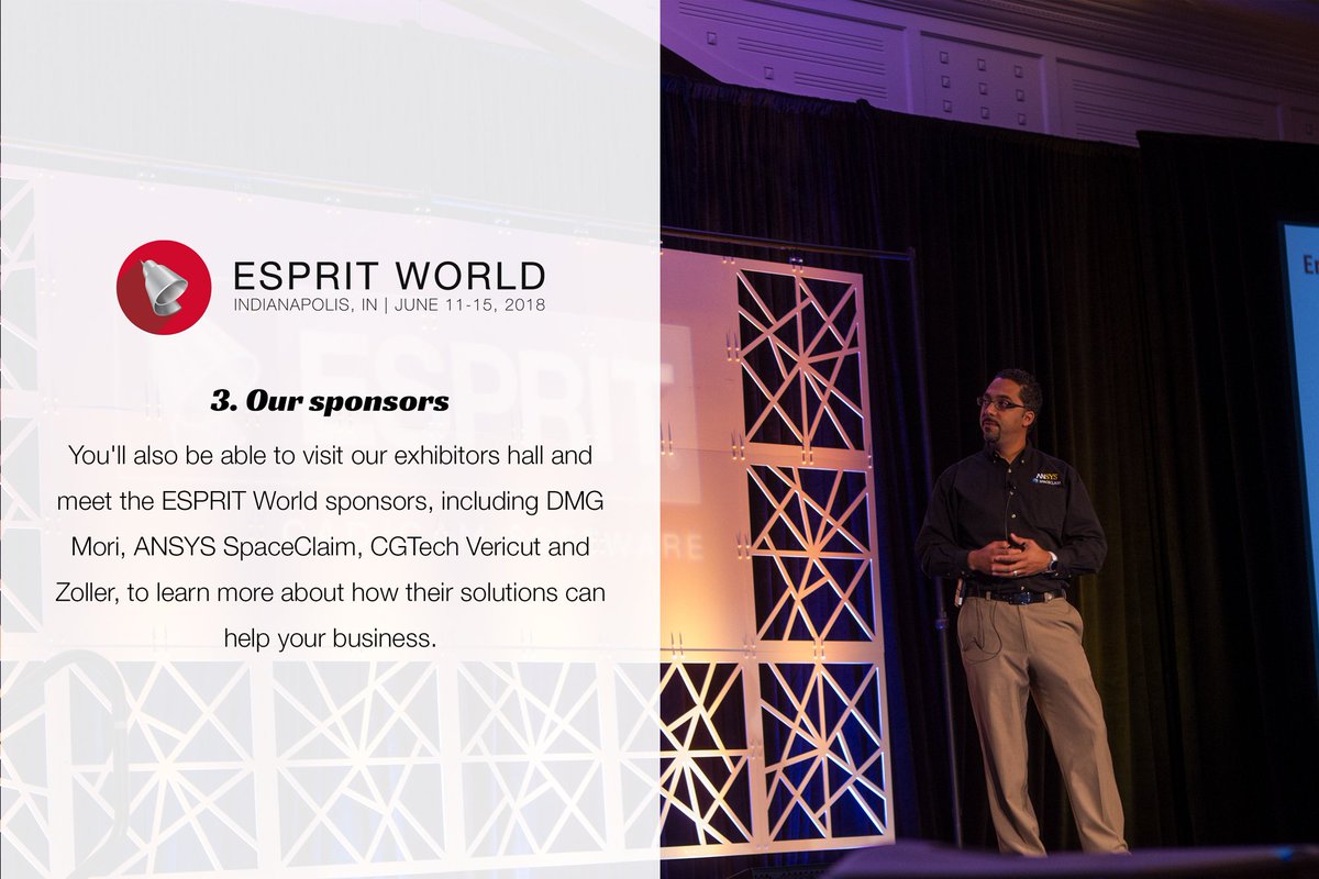 EspritEdge's tweet photo. An important part of the ESPRIT community is our partners. Meet them at ESPRIT World 2018. Reason #3 to attend – Our Sponsors! 

@dmgmoriusa @ANSYS @ZollerUK @VERICUT_CGTech 

#espritcam #dptechnology #dmgmori #ansysspaceclaim #cgtech #zoller #training #espritworld2018 #Indy https://t.co/AepiB5DVBM