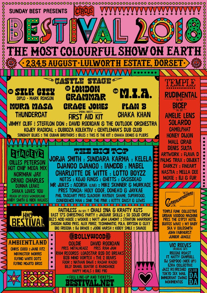 #Bestival2018: 17 stages, 177 acts (more to come!), 3 UK exclusive headliners, disco, metal, ambient, indie, swing, folk, grime, electronica, reggae, techno, pop, punk, hip hop, funk, a human cannonball, The World’s Largest Confetti Cannon, a castle by the sea, and us and you.